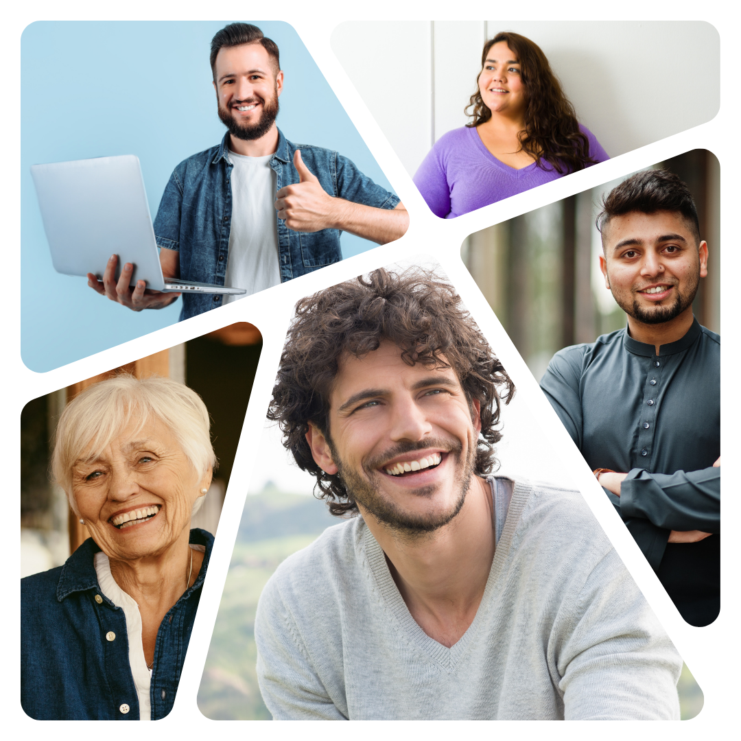 Promoting volunteering and social engagement by showcasing smiling people from diverse backgrounds. The image encourages joining the volunteer community, highlighting the joy and satisfaction of helping others.